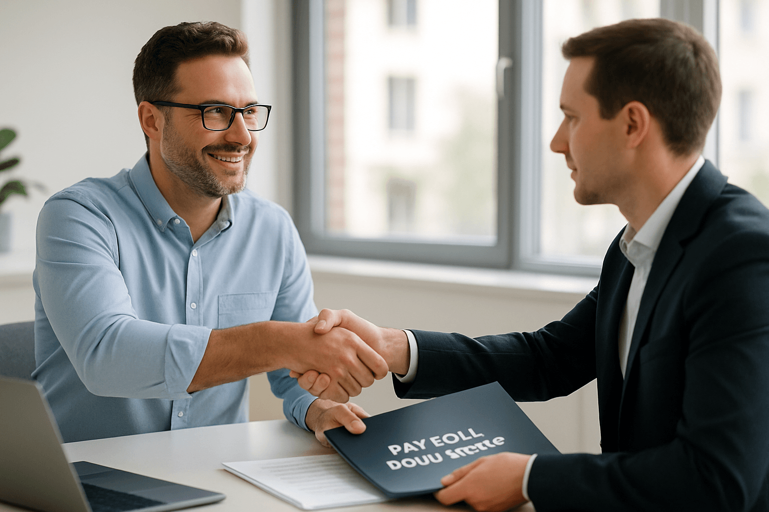 Unternehmer übergibt im modernen Büro per Handschlag die Lohnunterlagen an einen Payroll-Berater