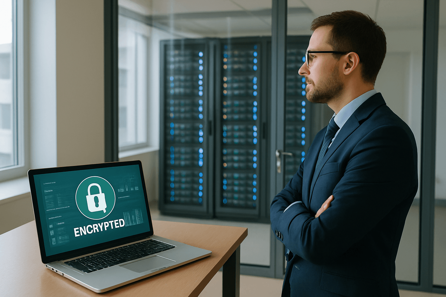 Fachkraft prüft im modernen Büro auf einem Laptop ein verschlüsseltes Dashboard zur sicheren Verarbeitung von Lohndaten