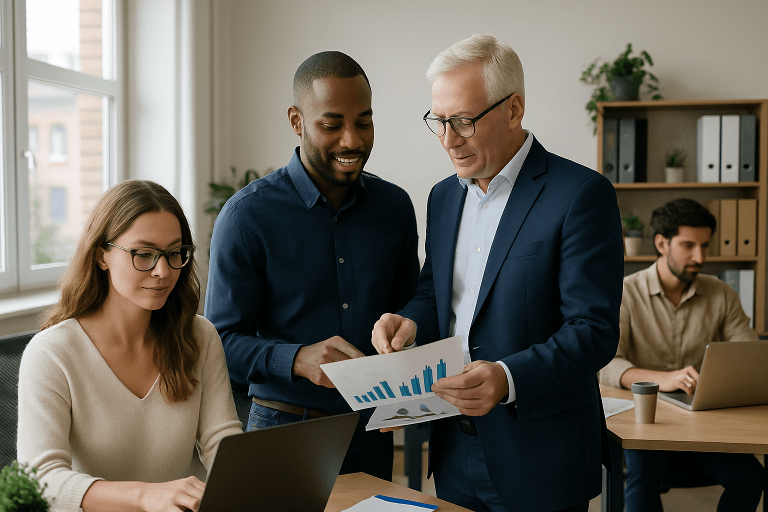 Unternehmerin bespricht mit einem Berater im modernen Büro die Wachstumskennzahlen ihres mittelständischen Betriebs