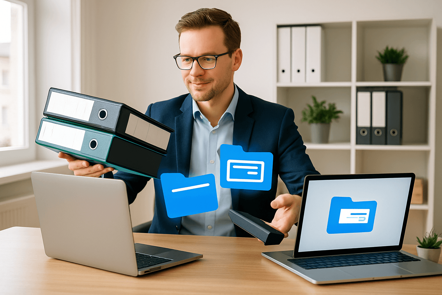Unternehmer überträgt im modernen Büro Unterlagen und digitale Daten beim reibungslosen Wechsel des Lohnabrechnungs-Anbieters