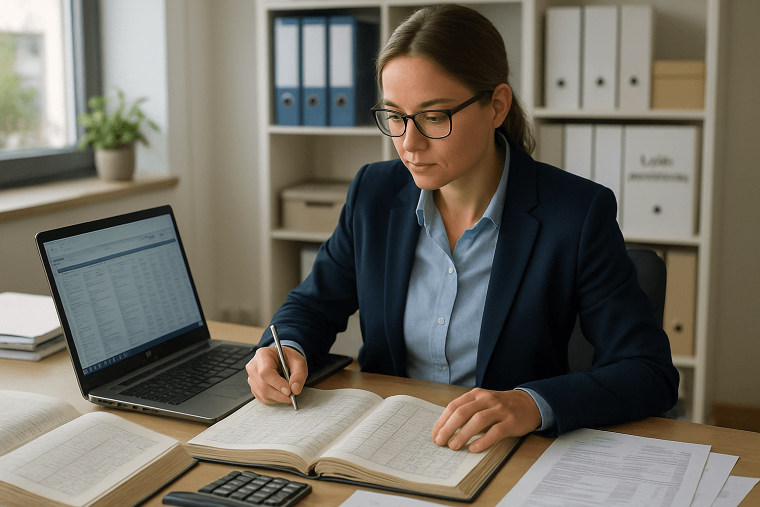 Lohnbuchhalter arbeitet im modernen Büro mit Laptop, Belegen und Taschenrechner an der ausgelagerten Lohnbuchhaltung