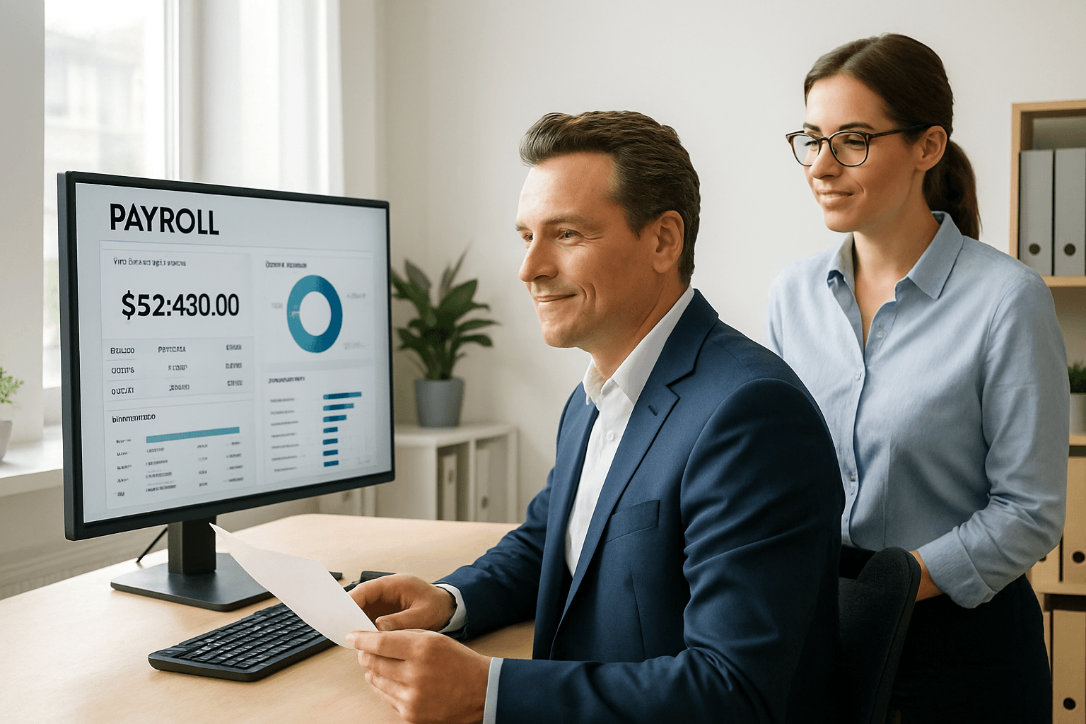 Unternehmer behält am Monitor mit einem transparenten Payroll-Dashboard die volle Kontrolle über die ausgelagerte Lohnabrechnung
