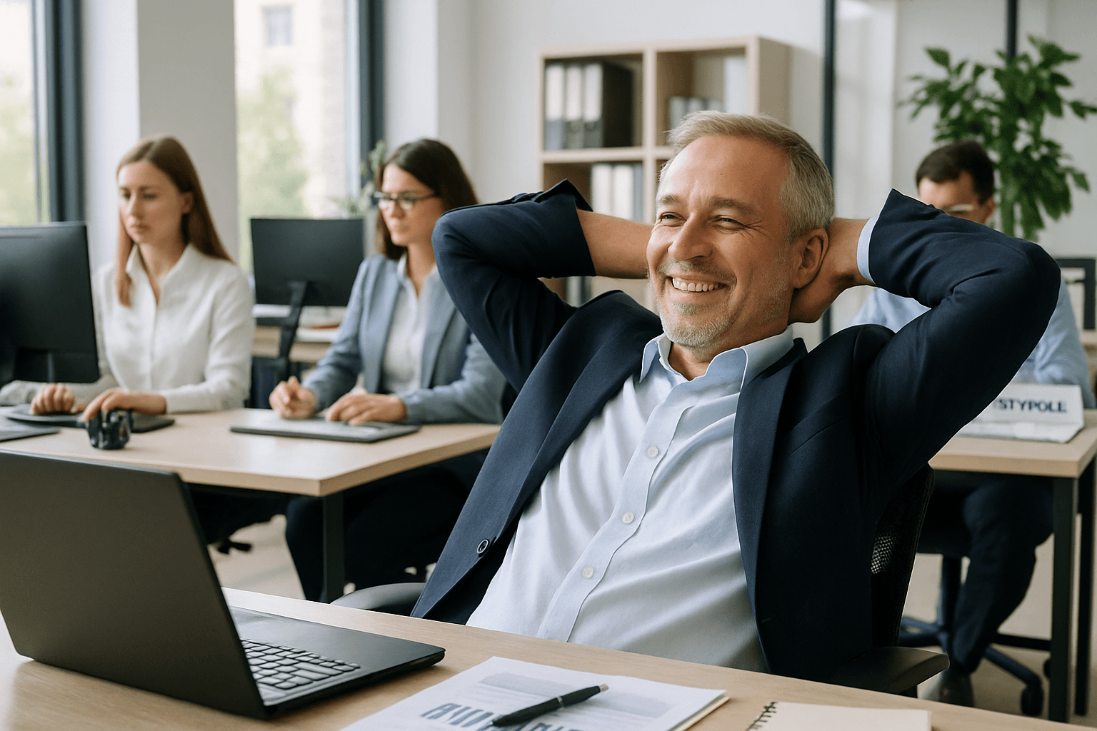 Entlasteter Unternehmer hat dank ausgelagerter Lohnabrechnung im modernen Büro wieder Zeit fürs Kerngeschäft