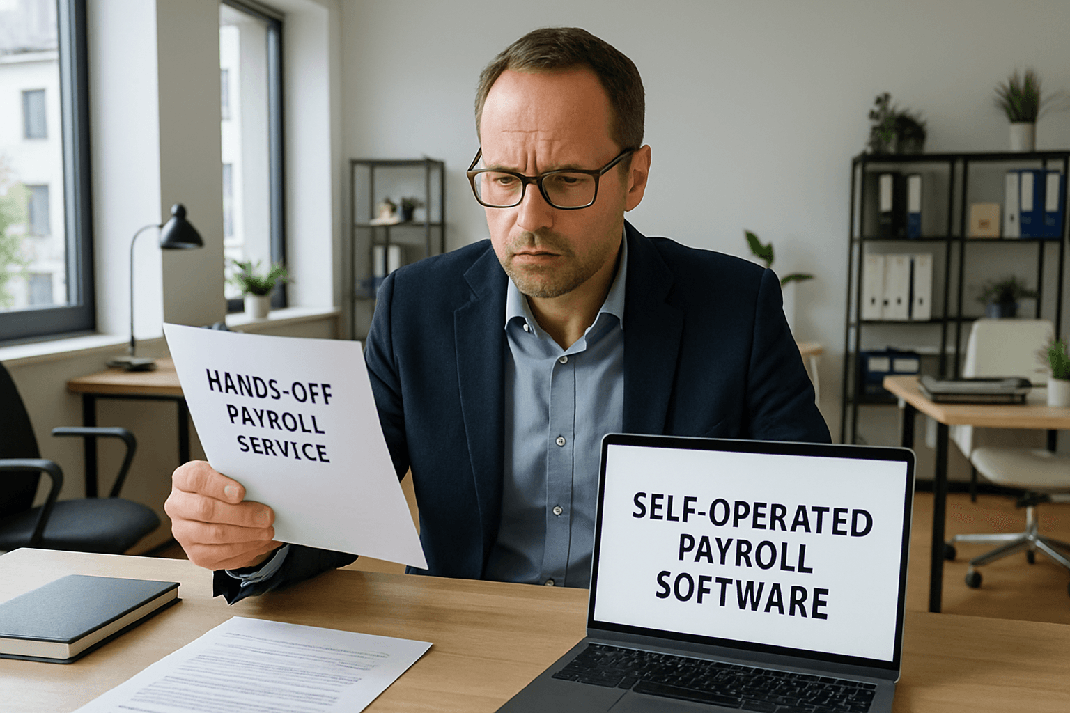Unternehmer vergleicht im modernen Büro die ausgelagerte Lohnabrechnung mit einer selbst betriebenen Lohnsoftware am Laptop