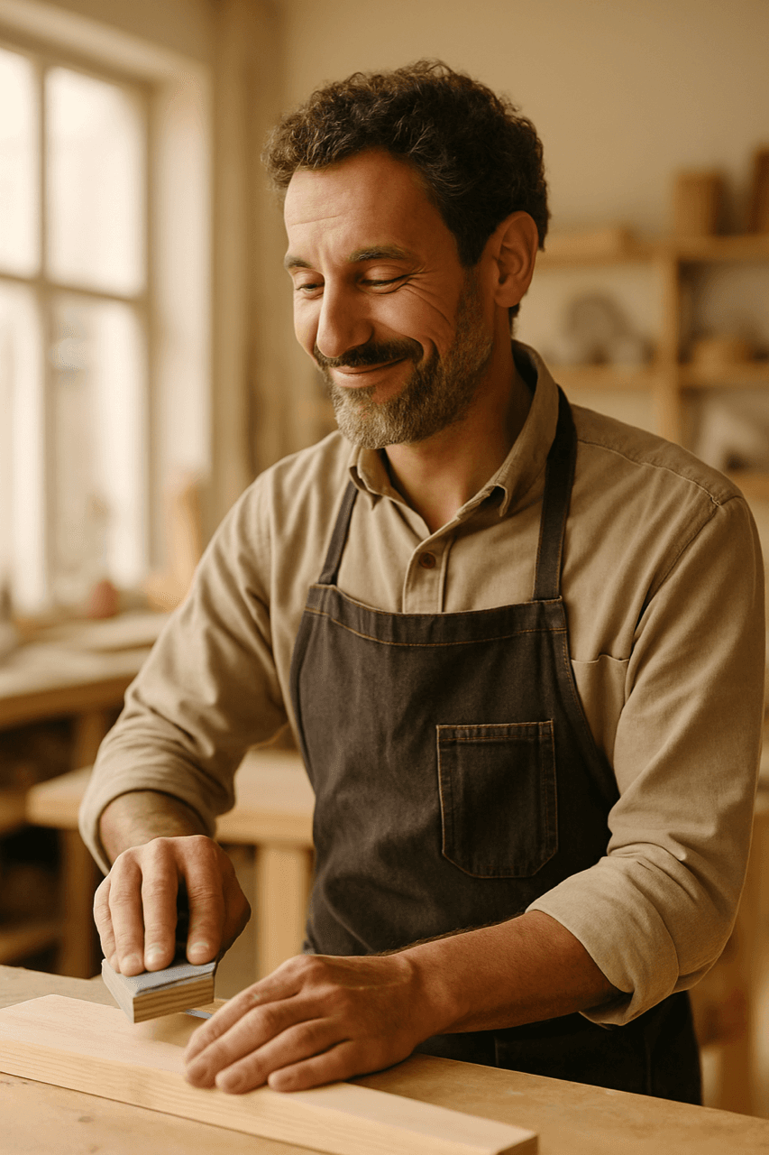 Handwerker arbeitet entspannt und konzentriert an seinem Werkstück – die Lohnabrechnung ist ausgelagert.